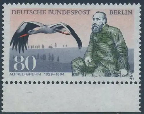 BERLIN 1984 Michel-Nummer 722 postfrisch EINZELMARKE RAND unten - Alfred Edmund Brehm, Zoologe