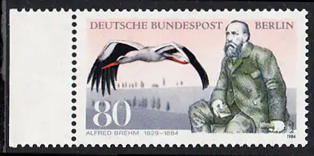 BERLIN 1984 Michel-Nummer 722 postfrisch EINZELMARKE RAND links (a) - Alfred Edmund Brehm, Zoologe