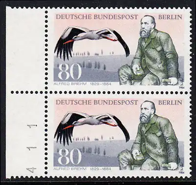 BERLIN 1984 Michel-Nummer 722 postfrisch vert.PAAR RAND links (BZ) - Alfred Edmund Brehm, Zoologe