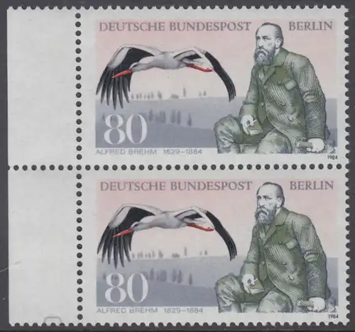 BERLIN 1984 Michel-Nummer 722 postfrisch vert.PAAR RAND links - Alfred Edmund Brehm, Zoologe