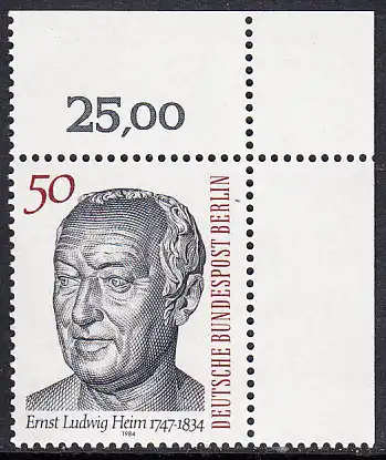 BERLIN 1984 Michel-Nummer 723 postfrisch EINZELMARKE ECKRAND oben rechts - Dr. Ernst Ludwig Heim, Arzt
