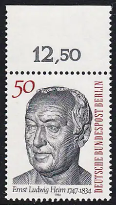 BERLIN 1984 Michel-Nummer 723 postfrisch EINZELMARKE RAND oben (b) - Dr. Ernst Ludwig Heim, Arzt