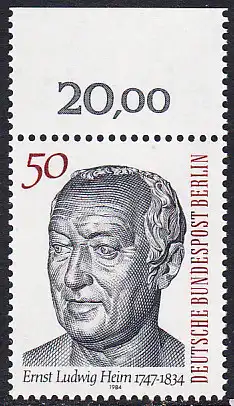 BERLIN 1984 Michel-Nummer 723 postfrisch EINZELMARKE RAND oben (d) - Dr. Ernst Ludwig Heim, Arzt