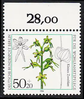 BERLIN 1984 Michel-Nummer 724 postfrisch EINZELMARKE RAND oben (b) - Orchideen: Kleines Zweiblatt