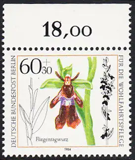 BERLIN 1984 Michel-Nummer 725 postfrisch EINZELMARKE RAND oben - Orchideen: Fliegenragwurz