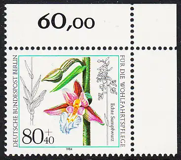 BERLIN 1984 Michel-Nummer 726 postfrisch EINZELMARKE ECKRAND oben rechts - Orchideen: Echte Sumpfwurz