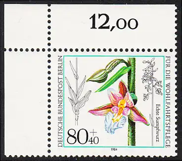 BERLIN 1984 Michel-Nummer 726 postfrisch EINZELMARKE ECKRAND oben links - Orchideen: Echte Sumpfwurz