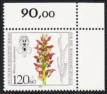 BERLIN 1984 Michel-Nummer 727 postfrisch EINZELMARKE ECKRAND oben rechts - Orchideen: Wanzen-Knabenkraut