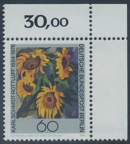 BERLIN 1984 Michel-Nummer 728 postfrisch EINZELMARKE ECKRAND oben rechts - Karl Schmidt-Rottluff, Maler und Grafiker