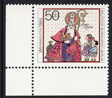 BERLIN 1984 Michel-Nummer 729 postfrisch EINZELMARKE ECKRAND unten links - Weihnachten