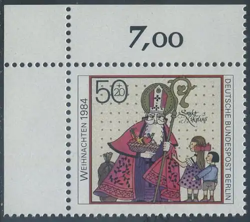 BERLIN 1984 Michel-Nummer 729 postfrisch EINZELMARKE ECKRAND oben links - Weihnachten