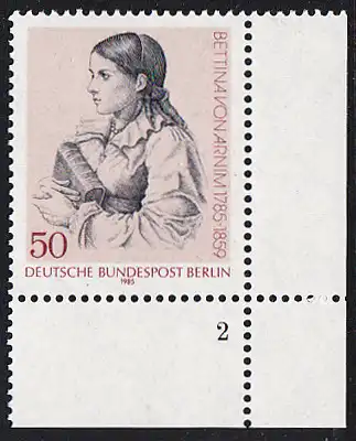 BERLIN 1985 Michel-Nummer 730 postfrisch EINZELMARKE ECKRAND unten rechts (FN/a) - Bettina von Arnim, Schriftstellerin