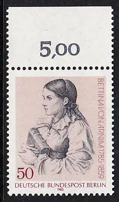 BERLIN 1985 Michel-Nummer 730 postfrisch EINZELMARKE RAND oben (a) - Bettina von Arnim, Schriftstellerin