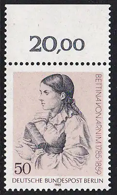BERLIN 1985 Michel-Nummer 730 postfrisch EINZELMARKE RAND oben (b) - Bettina von Arnim, Schriftstellerin