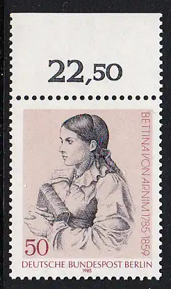 BERLIN 1985 Michel-Nummer 730 postfrisch EINZELMARKE RAND oben (c) - Bettina von Arnim, Schriftstellerin
