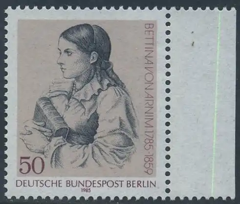 BERLIN 1985 Michel-Nummer 730 postfrisch EINZELMARKE RAND rechts - Bettina von Arnim, Schriftstellerin