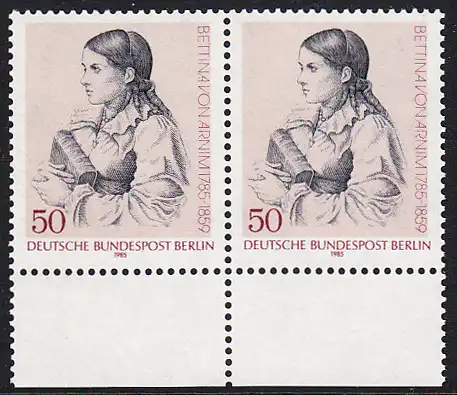 BERLIN 1985 Michel-Nummer 730 postfrisch horiz.PAAR RAND unten - Bettina von Arnim, Schriftstellerin