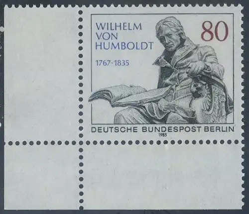 BERLIN 1985 Michel-Nummer 731 postfrisch EINZELMARKE ECKRAND unten links - Wilhelm Freiherr von Humboldt