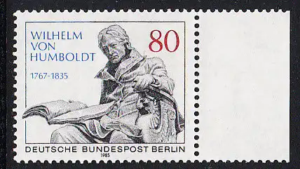 BERLIN 1985 Michel-Nummer 731 postfrisch EINZELMARKE RAND rechts - Wilhelm Freiherr von Humboldt