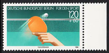 BERLIN 1985 Michel-Nummer 733 postfrisch EINZELMARKE RAND rechts - Sporthilfe: 60 Jahre Deutscher Tischtennis-Bund (DTTB)