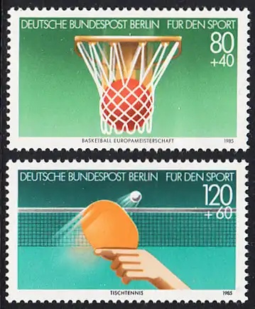 BERLIN 1985 Michel-Nummer 732-733 postfrisch SATZ(2) EINZELMARKEN - Sporthilfe: Basketball-Europameisterschaft der Männer, Stuttgart, Leverkusen und Karlsruhe / 60 Jahre Deutscher Tischtennis-Bund (DTTB)