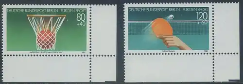 BERLIN 1985 Michel-Nummer 732-733 postfrisch SATZ(2) EINZELMARKEN ECKRÄNDER unten rechts - Sporthilfe: Basketball-Europameisterschaft der Männer, Stuttgart, Leverkusen und Karlsruhe / 60 Jahre Deutscher Tischtennis-Bund (DTTB)