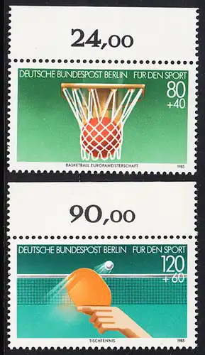 BERLIN 1985 Michel-Nummer 732-733 postfrisch SATZ(2) EINZELMARKEN RÄNDER oben (c) - Sporthilfe: Basketball-Europameisterschaft der Männer, Stuttgart, Leverkusen und Karlsruhe / 60 Jahre Deutscher Tischtennis-Bund (DTTB)