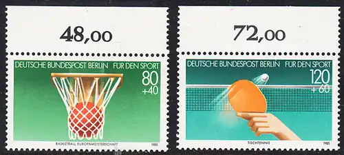 BERLIN 1985 Michel-Nummer 732-733 postfrisch SATZ(2) EINZELMARKEN RÄNDER oben (b) - Sporthilfe: Basketball-Europameisterschaft der Männer, Stuttgart, Leverkusen und Karlsruhe / 60 Jahre Deutscher Tischtennis-Bund (DTTB)