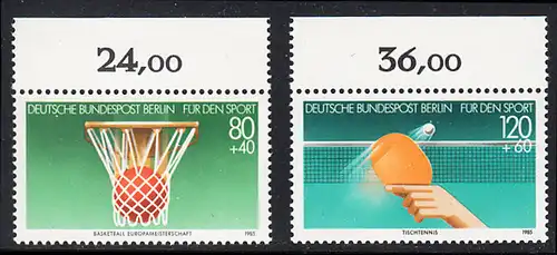 BERLIN 1985 Michel-Nummer 732-733 postfrisch SATZ(2) EINZELMARKEN RÄNDER oben (a) - Sporthilfe: Basketball-Europameisterschaft der Männer, Stuttgart, Leverkusen und Karlsruhe / 60 Jahre Deutscher Tischtennis-Bund (DTTB)