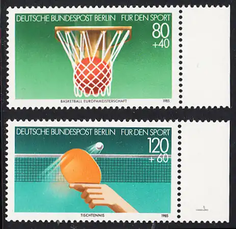 BERLIN 1985 Michel-Nummer 732-733 postfrisch SATZ(2) EINZELMARKEN RÄNDER rechts - Sporthilfe: Basketball-Europameisterschaft der Männer, Stuttgart, Leverkusen und Karlsruhe / 60 Jahre Deutscher Tischtennis-Bund (DTTB)