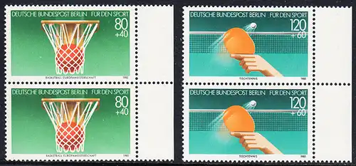 BERLIN 1985 Michel-Nummer 732-733 postfrisch SATZ(2) vert.PAARE RÄNDER rechts - Sporthilfe: Basketball-Europameisterschaft der Männer, Stuttgart, Leverkusen und Karlsruhe / 60 Jahre Deutscher Tischtennis-Bund (DTTB)