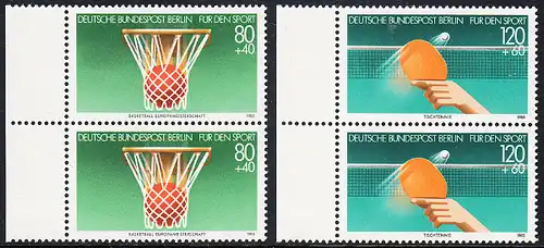 BERLIN 1985 Michel-Nummer 732-733 postfrisch SATZ(2) vert.PAARE RÄNDER links - Sporthilfe: Basketball-Europameisterschaft der Männer, Stuttgart, Leverkusen und Karlsruhe / 60 Jahre Deutscher Tischtennis-Bund (DTTB)