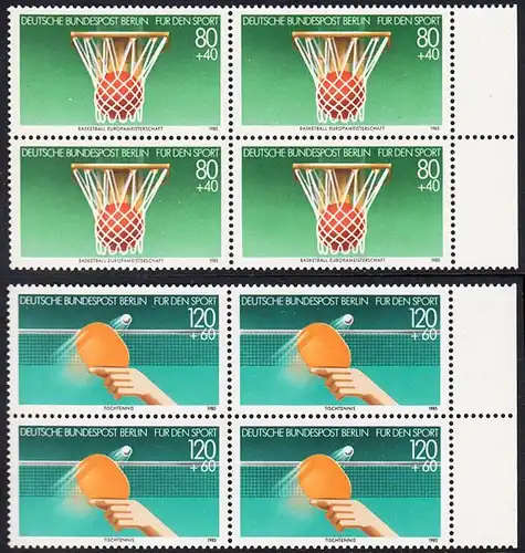 BERLIN 1985 Michel-Nummer 732-733 postfrisch SATZ(2) BLÖCKE RÄNDER rechts - Sporthilfe: Basketball-Europameisterschaft der Männer, Stuttgart, Leverkusen und Karlsruhe / 60 Jahre Deutscher Tischtennis-Bund (DTTB)