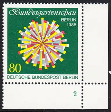BERLIN 1985 Michel-Nummer 734 postfrisch EINZELMARKE ECKRAND unten rechts (FN/b) - Bundesgartenschau, Berlin