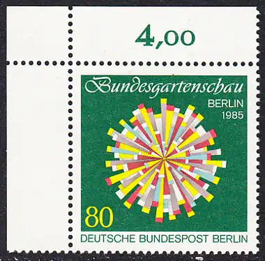 BERLIN 1985 Michel-Nummer 734 postfrisch EINZELMARKE ECKRAND oben links - Bundesgartenschau, Berlin