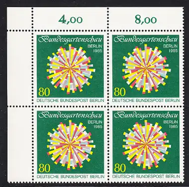 BERLIN 1985 Michel-Nummer 734 postfrisch BLOCK ECKRAND oben links - Bundesgartenschau, Berlin