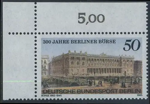 BERLIN 1985 Michel-Nummer 740 postfrisch EINZELMARKE ECKRAND oben links - Berliner Börse