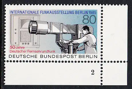 BERLIN 1985 Michel-Nummer 741 postfrisch EINZELMARKE ECKRAND unten rechts (FN) - Internationale Funkausstellung (IFA), Berlin / 50 Jahre Deutscher Fernsehrundfunk