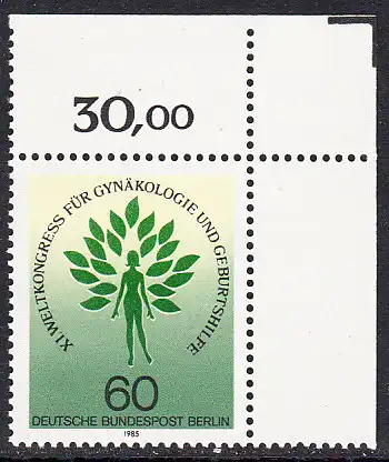 BERLIN 1985 Michel-Nummer 742 postfrisch EINZELMARKE ECKRAND oben rechts - Weltkongress der Internationalen Gesellschaft für Gynäkölpgie und Geburtshilfe (FIGO), Berlin