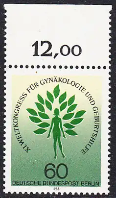 BERLIN 1985 Michel-Nummer 742 postfrisch EINZELMARKE RAND oben (a) - Weltkongress der Internationalen Gesellschaft für Gynäkölpgie und Geburtshilfe (FIGO), Berlin