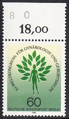 BERLIN 1985 Michel-Nummer 742 postfrisch EINZELMARKE RAND oben (c) - Weltkongress der Internationalen Gesellschaft für Gynäkölpgie und Geburtshilfe (FIGO), Berlin