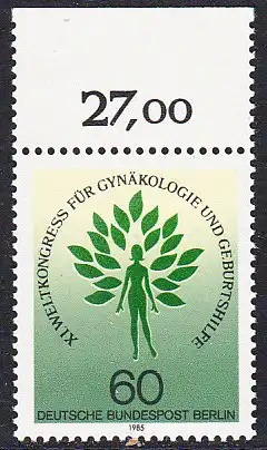 BERLIN 1985 Michel-Nummer 742 postfrisch EINZELMARKE RAND oben (d) - Weltkongress der Internationalen Gesellschaft für Gynäkölpgie und Geburtshilfe (FIGO), Berlin