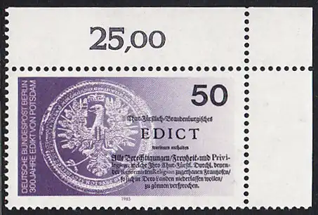 BERLIN 1985 Michel-Nummer 743 postfrisch EINZELMARKE ECKRAND oben rechts - Edikt von Potsdam