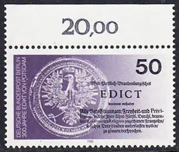 BERLIN 1985 Michel-Nummer 743 postfrisch EINZELMARKE RAND oben - Edikt von Potsdam