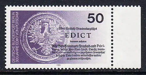BERLIN 1985 Michel-Nummer 743 postfrisch EINZELMARKE RAND rechts - Edikt von Potsdam