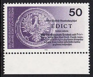 BERLIN 1985 Michel-Nummer 743 postfrisch EINZELMARKE RAND unten - Edikt von Potsdam