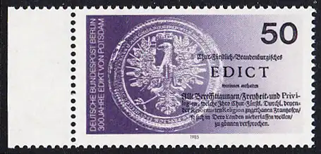 BERLIN 1985 Michel-Nummer 743 postfrisch EINZELMARKE RAND links - Edikt von Potsdam