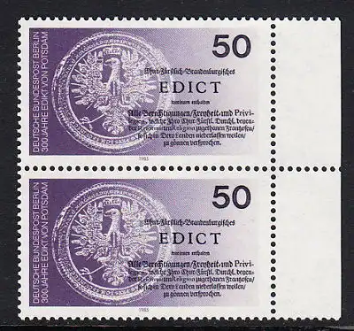 BERLIN 1985 Michel-Nummer 743 postfrisch vert.PAAR RAND rechts - Edikt von Potsdam