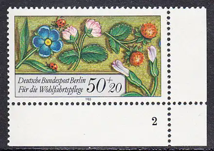 BERLIN 1985 Michel-Nummer 744 postfrisch EINZELMARKE ECKRAND unten rechts (FN) - Miniaturen: Streublumen, Beeren, Vögel und Insekten