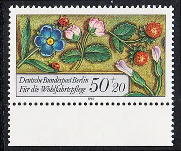 BERLIN 1985 Michel-Nummer 744 postfrisch EINZELMARKE RAND unten - Miniaturen: Streublumen, Beeren, Vögel und Insekten